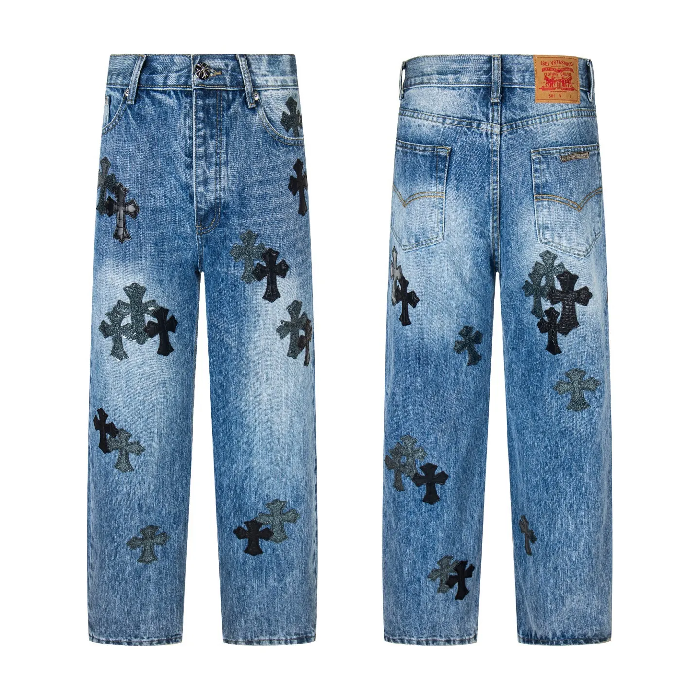 P240 High version (evergreen version) Chrome Hearts/Chrome Heart 25FW CH starry sky leather cross bamboo jeans adopt starry sky theme leather elements, mostly presented in the shape of a cross, with glitter on the leather surface. Unique design with simple and elegant details, exquisite workmanship, neat lines and in-place details on the entire pair of pants! It’s also so cool that both men and women can easily control it. It’s a gender-neutral trendy up version. Style number: 1722# Color: blue Size: 28 30 32 34 36